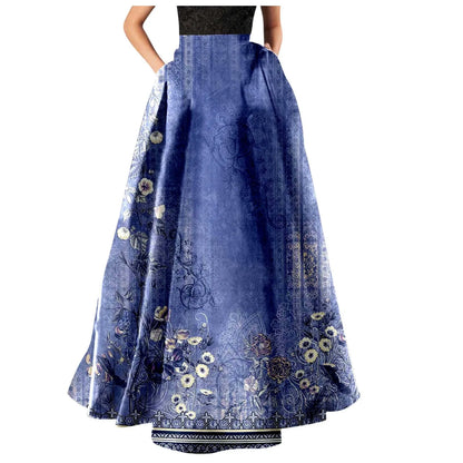 Vintage Floral Print Maxi Skirt High Waist Party Beach Long Skirts Spring Summer Casual Pocket Skirt For Women Elegant Vestidos