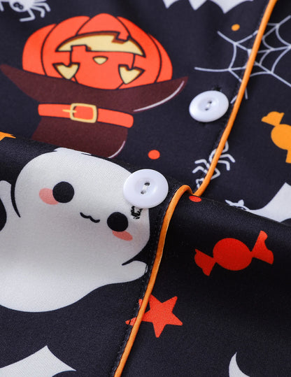 Women Halloween Pumpkin Bat Print Pajama Set,Breathable Lapel Loungewear Short-Sleeved Roll-Neck Shirt and Loose Shorts S-XXL