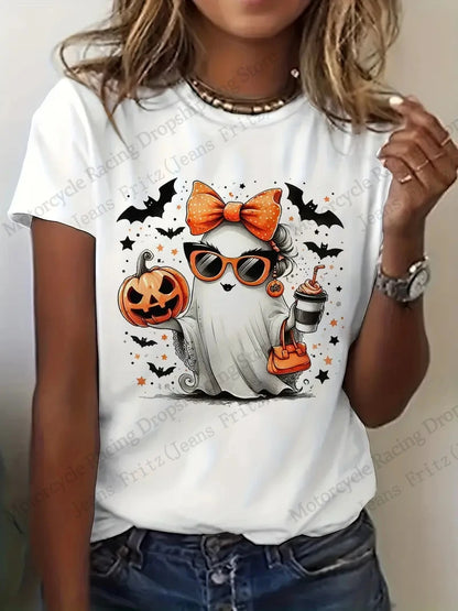 Halloween 3D print t-shirt women featuring a ghost design with a pumpkin and bats for festive style