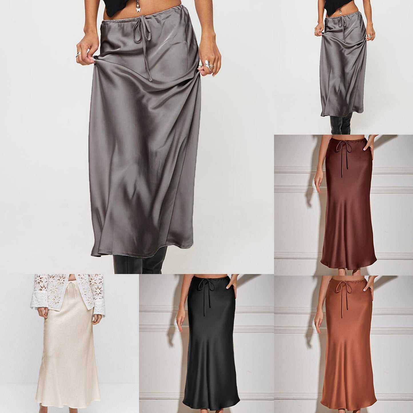 Women'S Solid Color Satin Long Dress High Waist Drawstring Dress Maternity Skirts Reflective Dress Trailing Dress Ropa De Mujer