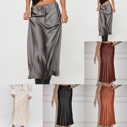 Women'S Solid Color Satin Long Dress High Waist Drawstring Dress Maternity Skirts Reflective Dress Trailing Dress Ropa De Mujer