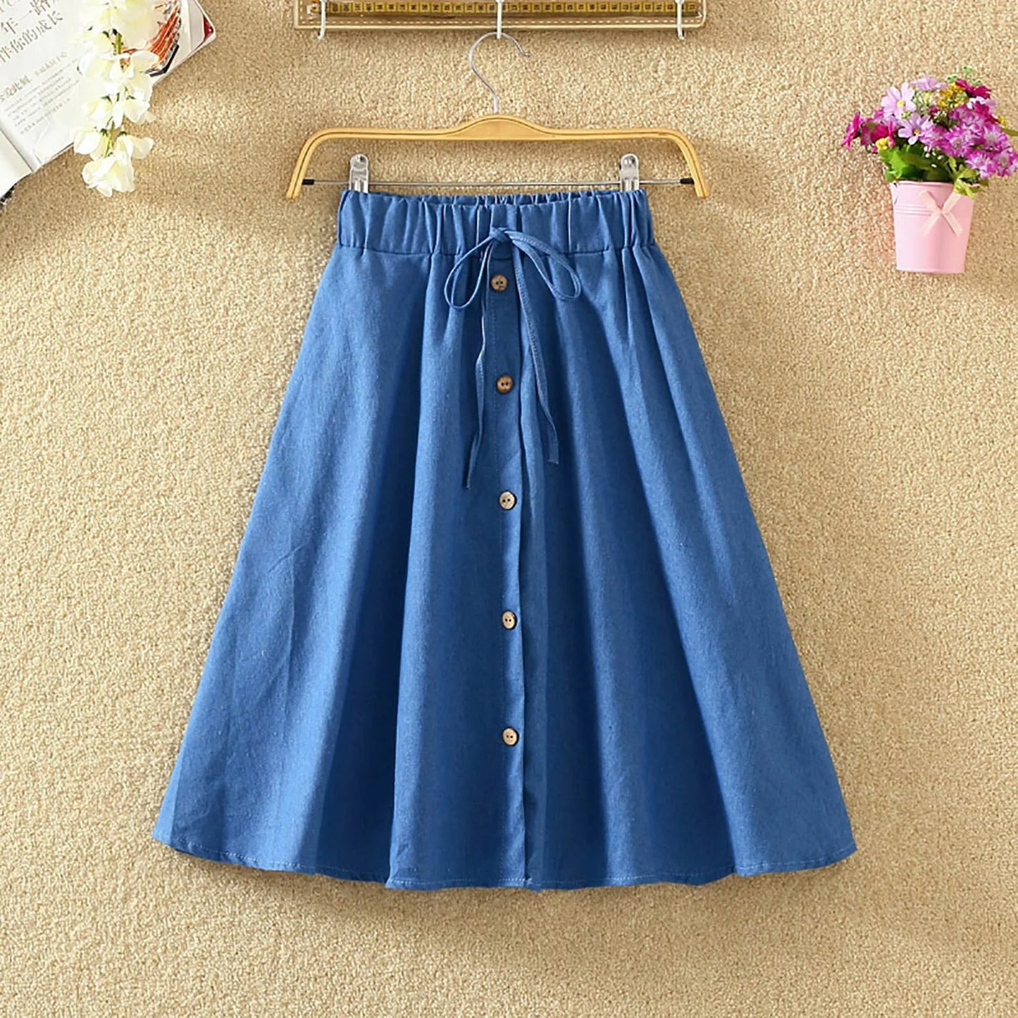 Pleated Skirt Girls Waist Long Denim Skirt Female New Kong Flavor Summer Arts Students Border Ladies Skirts Below Knee Length