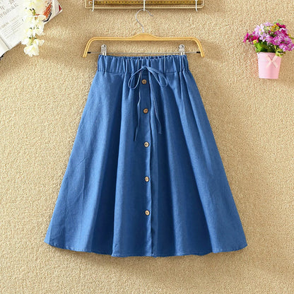 Pleated Skirt Girls Waist Long Denim Skirt Female New Kong Flavor Summer Arts Students Border Ladies Skirts Below Knee Length