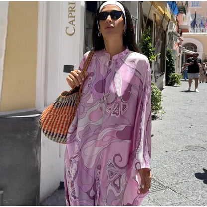 Geometric Print Cape Women's Set Loose Batwing Sleeve Top Flowy Maxi Skirt 2025 Summer Elegant Suit Holiday Fashion Lady Sets