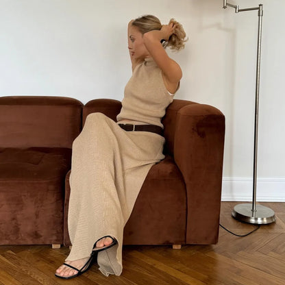 Autumn Elegant Long Skirt Two-piece Set Women's Sleeveless Knitted Turtleneck Vest Slim Skirt Set Female New Fashion Skirt Set