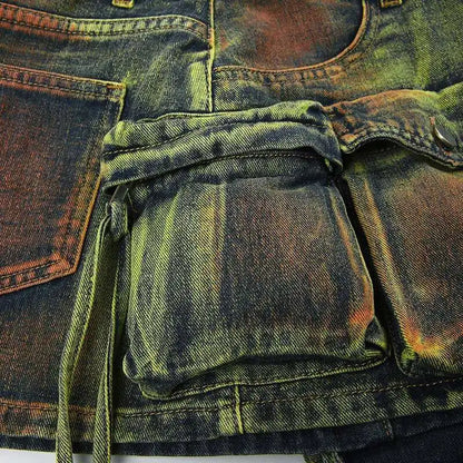 DEAT Women's Denim Skirts Tie-dye Green Irregular Spliced Multiple Pockets Cargo Mini Skirt 2025 Summer New Fashion 29L3411
