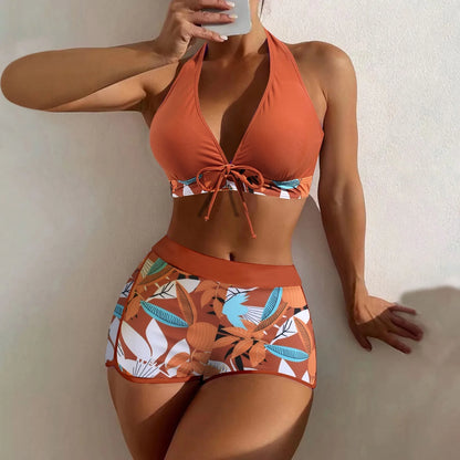 Women's Paneled Printed Swimsuit Ladies Fashion Sexy Split Boxer High Waist Swimsuit Two-Piece Set V-Neck Bathing Suits Female