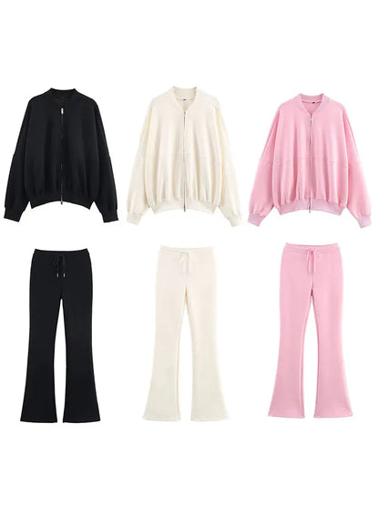 HH Women Casual Solid Coat Flared Pants Suits Long Sleeve Zipper Bomber Jackets 2025 New Fashion Lady Chic Outfit 2 Piece Set