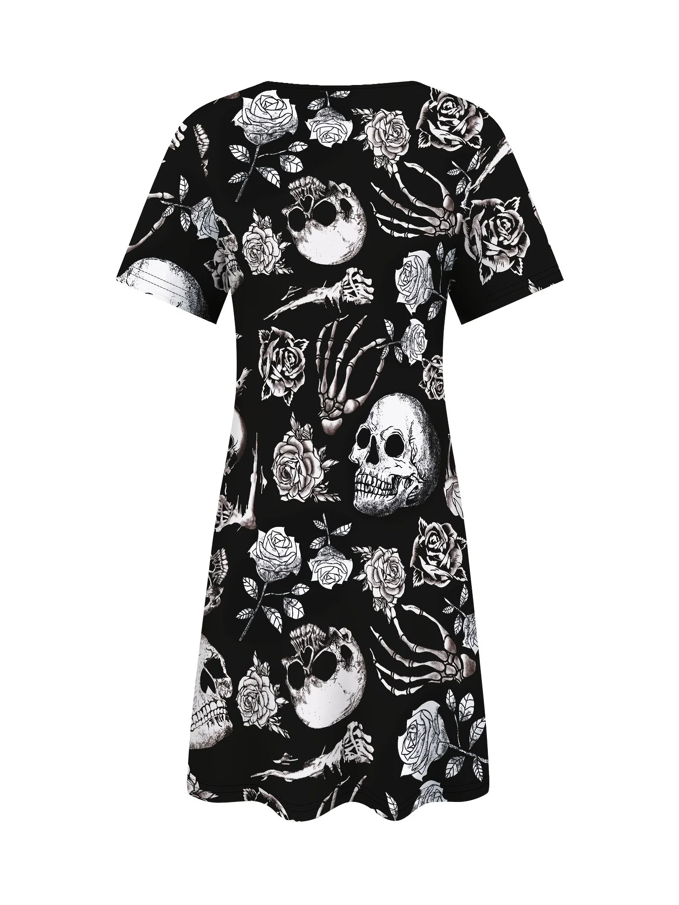 EtherealBe gothic skull dress for women featuring a black floral and skull print design