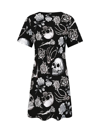 EtherealBe gothic skull dress for women featuring a black floral and skull print design