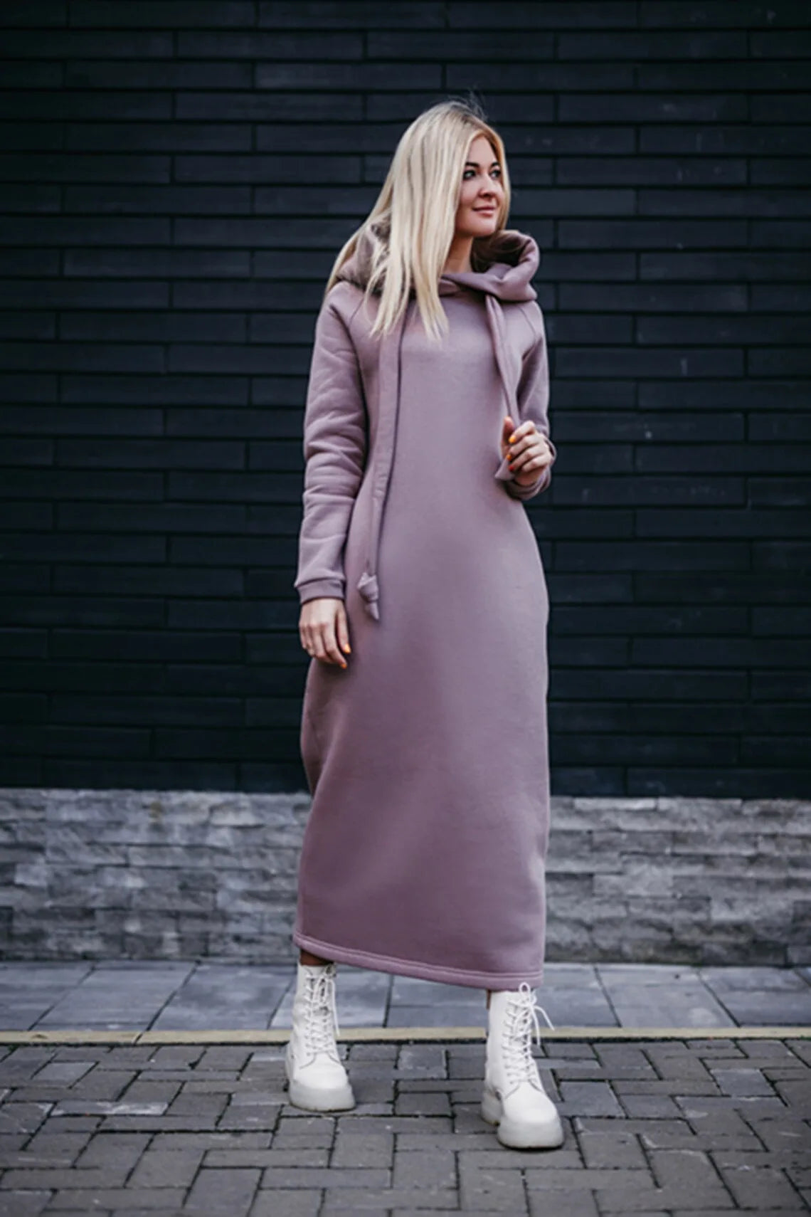 Plus Size Women Fashion Loose Autumn Winter Large Knitted Hooded Long Dress Velvet Hoodie Casual Dress Splicing Warm Dress