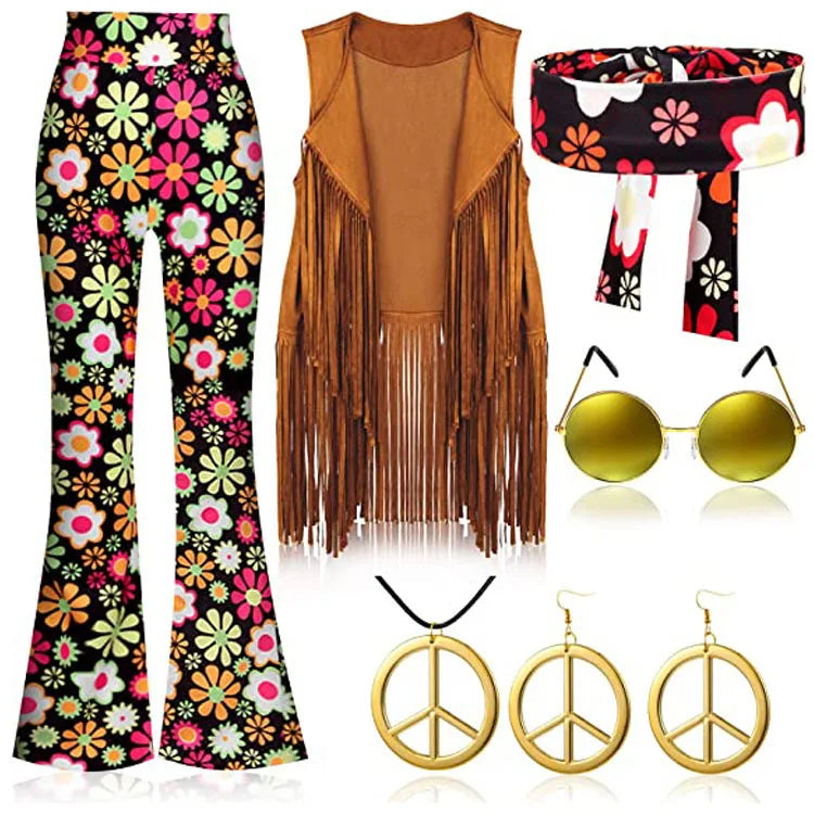 Colorful women's hippie disco costume set with flared pants, fringe vest, headband, sunglasses, and peace earrings