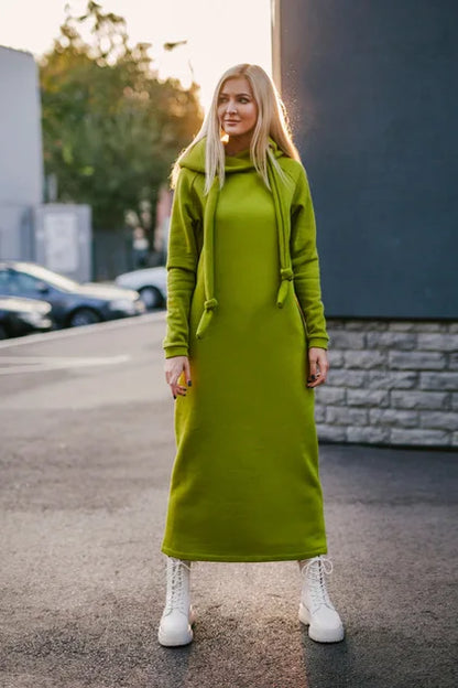 Plus Size Women Fashion Loose Autumn Winter Large Knitted Hooded Long Dress Velvet Hoodie Casual Dress Splicing Warm Dress