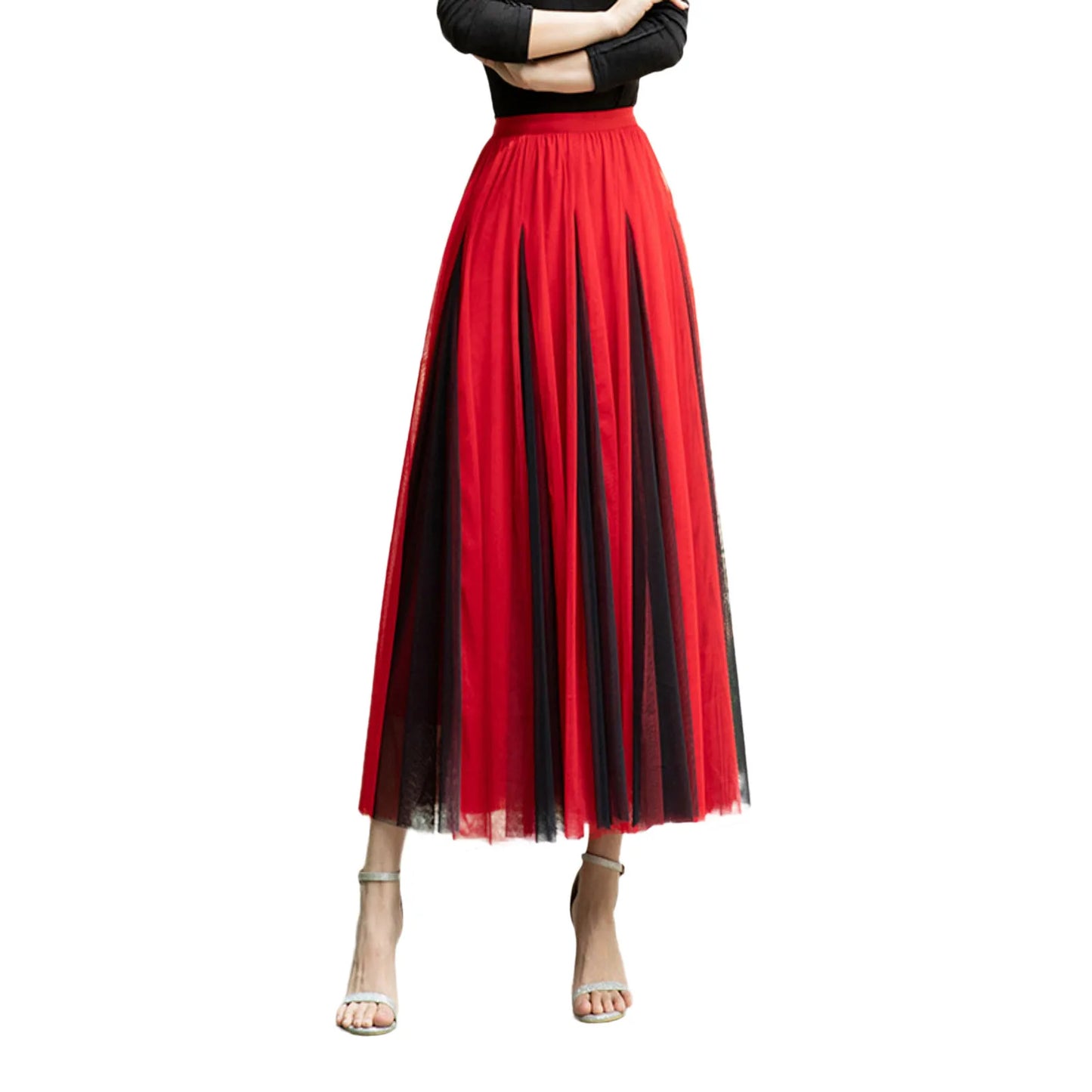 Women Color Block A-line Skirt Mid Length Drape Feeling High Waist Slim Mesh Skirts Carnival Festival Party Performance Costume