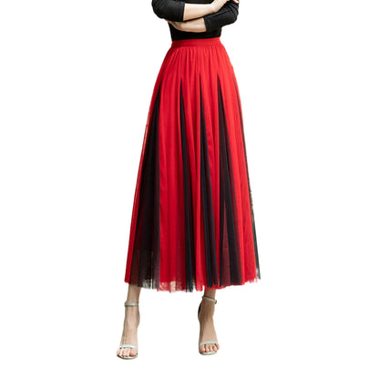 Women Color Block A-line Skirt Mid Length Drape Feeling High Waist Slim Mesh Skirts Carnival Festival Party Performance Costume