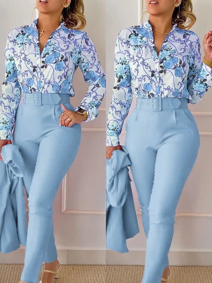Autumn Winter Stand Neck Floral Print Long Sleeve Shirt Pants Two Piece Sets Elegant Women Casual Shirt Trousers Suits With Belt