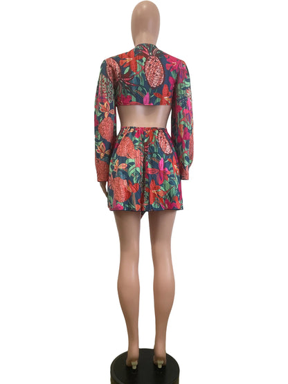 Two Piece Sets Women Skirt Set Print Floral Matching Sets V Neck Flare Sleeve Top Short Skirts Dress Sets Lace Up High Waist
