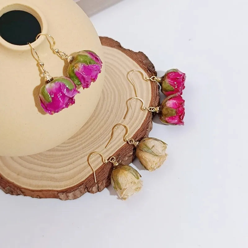 Unique Immortal Flower Earrings Elegant Natural Flower Pearl Drop Earrings Statement Jewelry Epoxy Resin Real Rose Earring 2024