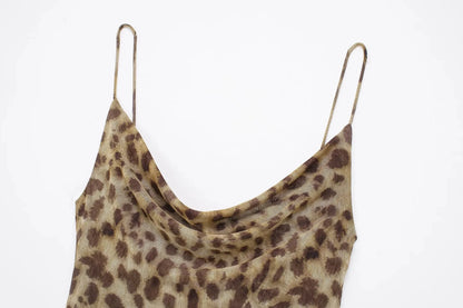 TRAFZA Vintage Leopard Print Chiffon Sexy Cami Dress Women V Neck Sleeveless Party Dress Fashion 2024 Summer Streetwear Dress