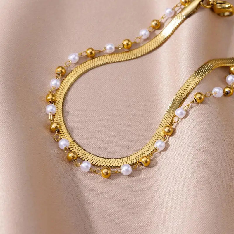 Anklets for Women Artificial Pearl Double Layer Stainless Steel Anklet Summer Beach Accessories Foot Leg Bracelets Jewelry Gifts