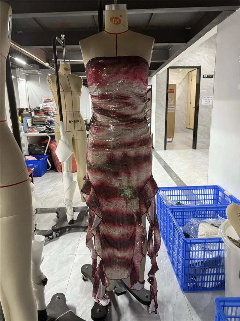 Halloween Shark Tale Costume for Adults Oscar and Lola Couple Costume Halloween Women Sparkle Ruffle Hem Strapless Fish Cosplay