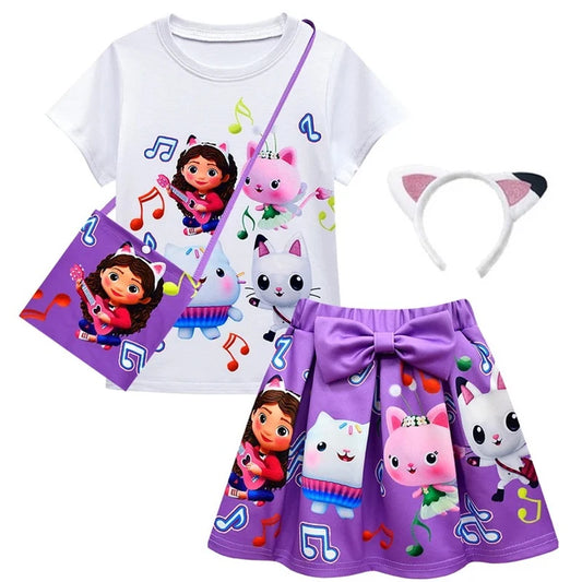 EtherealBe Gabby's Dollhouse cosplay costume for girls featuring a t-shirt, skirt, and accessories