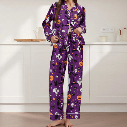 Women Halloween Pajama Set Pumpkin Ghost Long Sleeve Tops + Pants For Nightwear Homewear Casual Wear