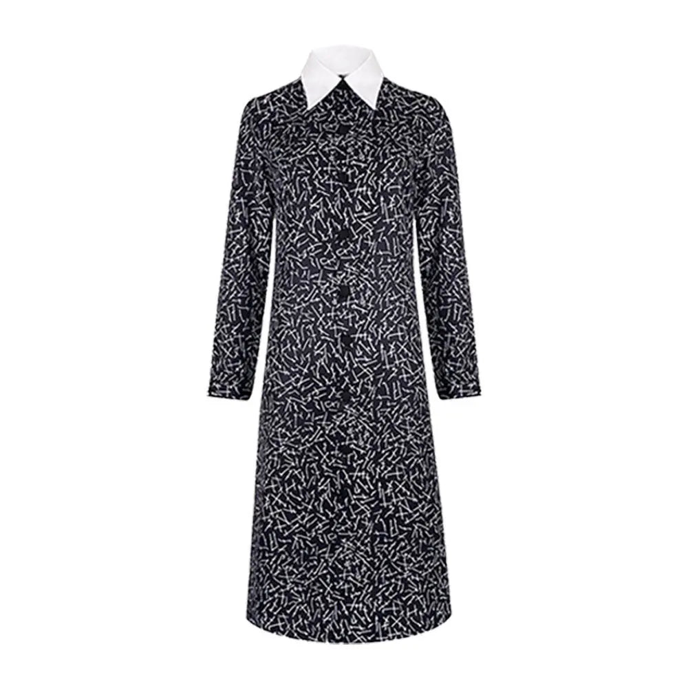 EtherealBe black long sleeve dress with white pointed collar and white pattern Wednesday Addams cosplay dress for women