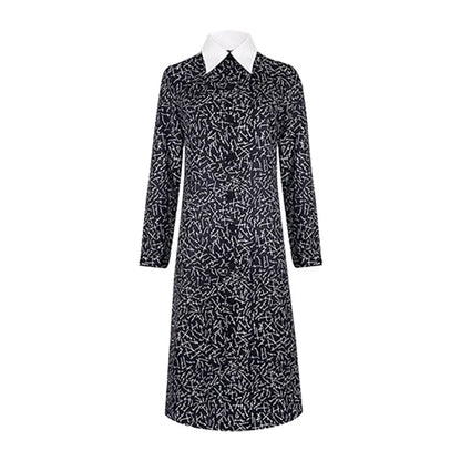 EtherealBe black long sleeve dress with white pointed collar and white pattern Wednesday Addams cosplay dress for women