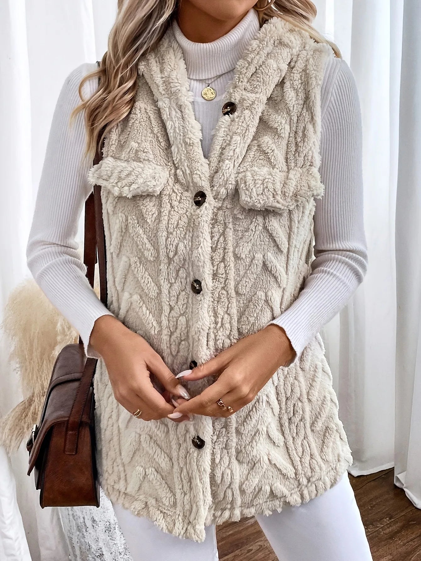 VigoCasey 2025 Apricot Sleeveless Vest Coat Woman Single-breasted Warm Plush Waistcoat Lady Autumn Winter Hooded Vest Jacket