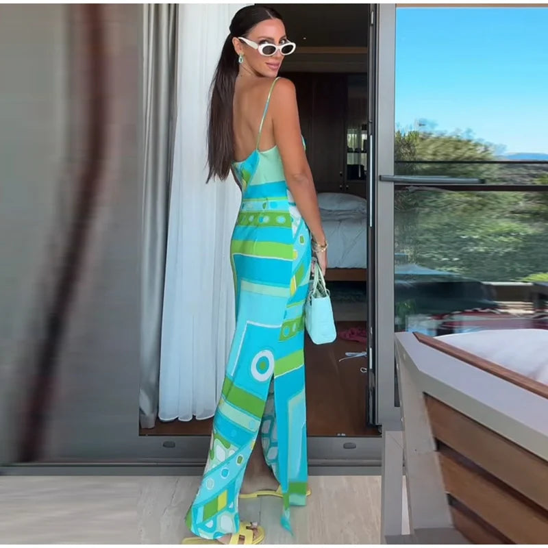 Chic Print Sling Long Dress Women Sleevless Backless Side Split Party Dresses 2025 Summer Street Beach Lady Ankle-length Robes