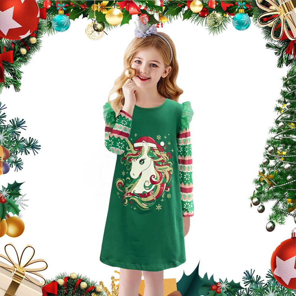 DXTON Girls Unicorn Cartoon Print Kids Green Cotton Print