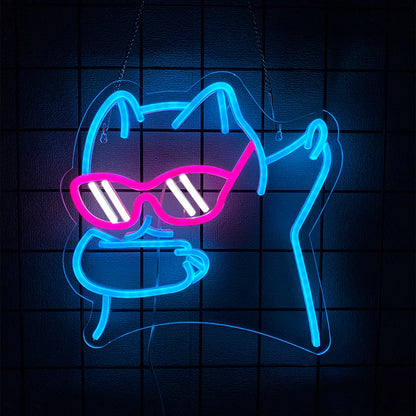 Cool Cat with Glasses Neon Sign for Wall Decor, Moon Cat USB  LED Neon Light Sign for Preppy Room Birthday Party Decoration