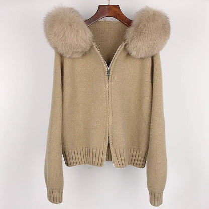 OFTBUY Real Fox Fur Kintwear Women 2025 New Spring Autumn Hooded Sweater Female Loose Zipper Kintted Jacket Oversized Cardigan