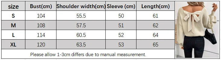 Autumn and Winter New Fashion Woman Sweater V-neck Solid Color Long-Sleeve Relaxed-Fit Bow Top
