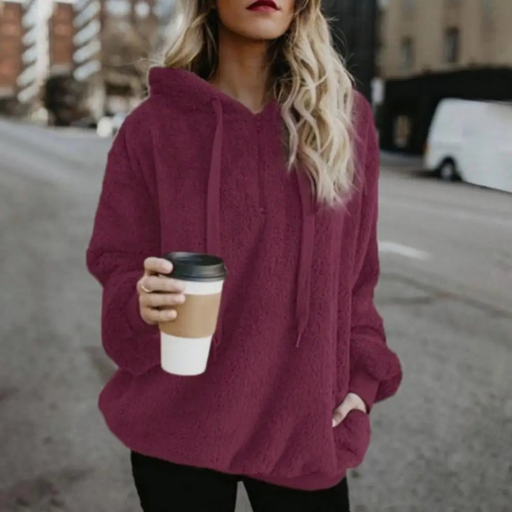 Winter Hoodies Long Sleeve Two Pockets Pullover Sweatshirt Plush Turtleneck Zipper Neck Women Fluffy Sweatshirt Outerwear