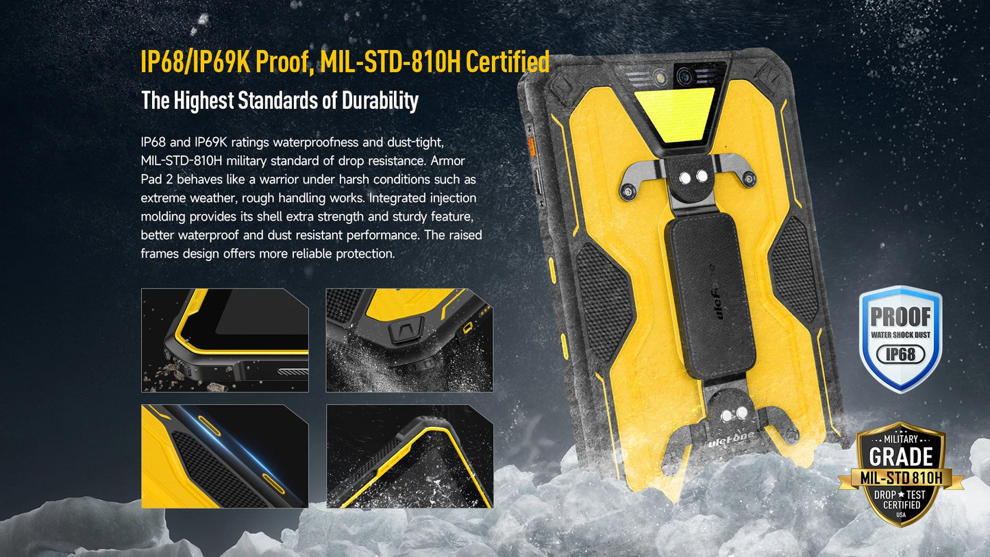 Ulefone Armor Pad 2 Rugged Tablet, 11" 2K, 18600 mAh ,IP68/IP69K Android 13 NFC GPS 4G Tablet Up to16GB +256GB LED Camping light
