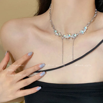 Kpop Fashion Shiny Star Necklace for Women Y2K Crystal Zircon Cross Pendant Necklaces Girls Antique Silver Color Clavicle Chain