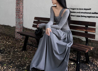 Autumn Skew Collar Halter Aura Dresses Solid Color Female Clothing Folds Stylish Irregular Basic Long Sleeve Spliced Long Dress