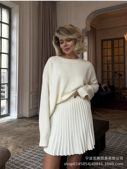 Autumn Solid Color O-neck Sweater Dress Sets Women's Clothing 2024 New Long Sleeves Fishion Style Loose Knitted Short Skirt Set