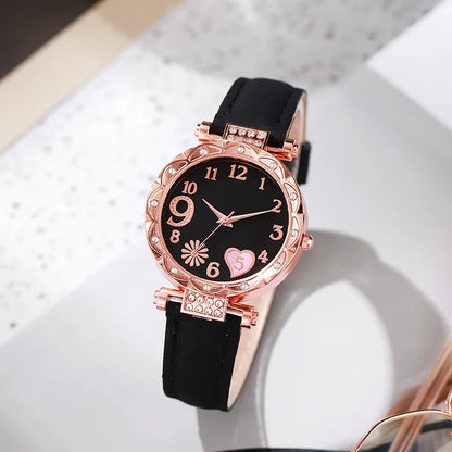 2/1PCS Fashion Heart Dial Women's Watches Luxury Leather Band Quartz Watch Rhinestone Bracelet Set Female Relogio Feminino