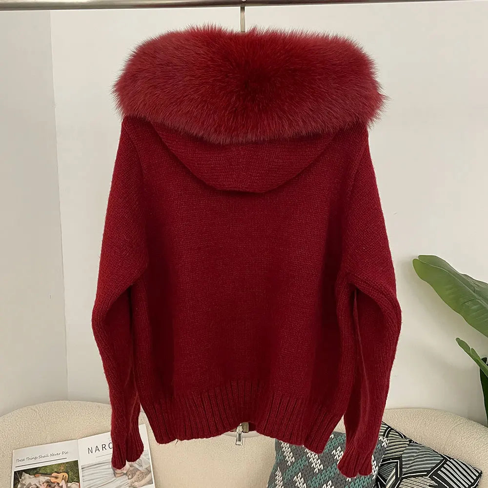 OFTBUY Real Fox Fur Kintwear Women 2025 New Spring Autumn Hooded Sweater Female Loose Zipper Kintted Jacket Oversized Cardigan