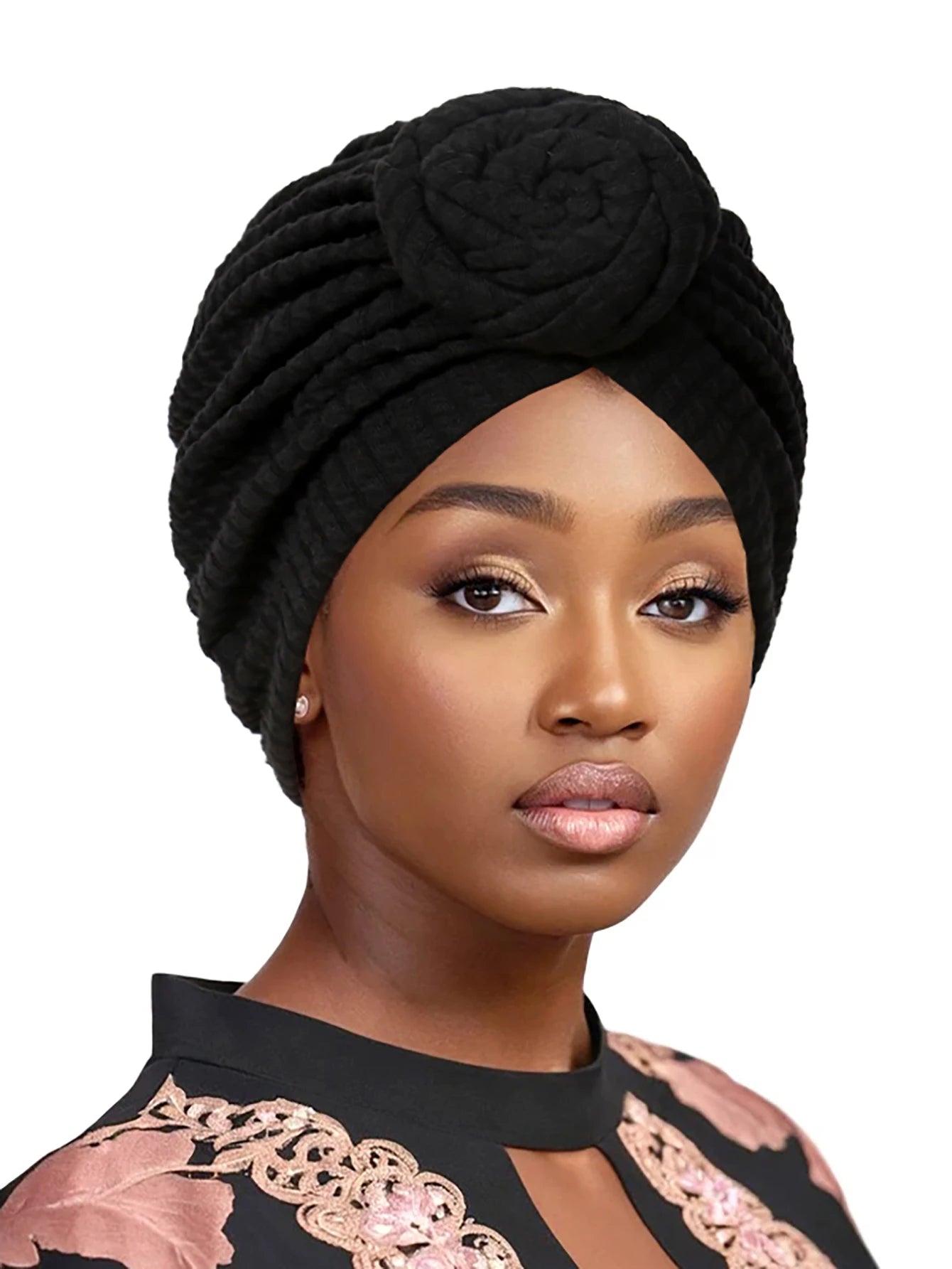 Elegant black women's turban hijab hats with intricate knot design for stylish headwear