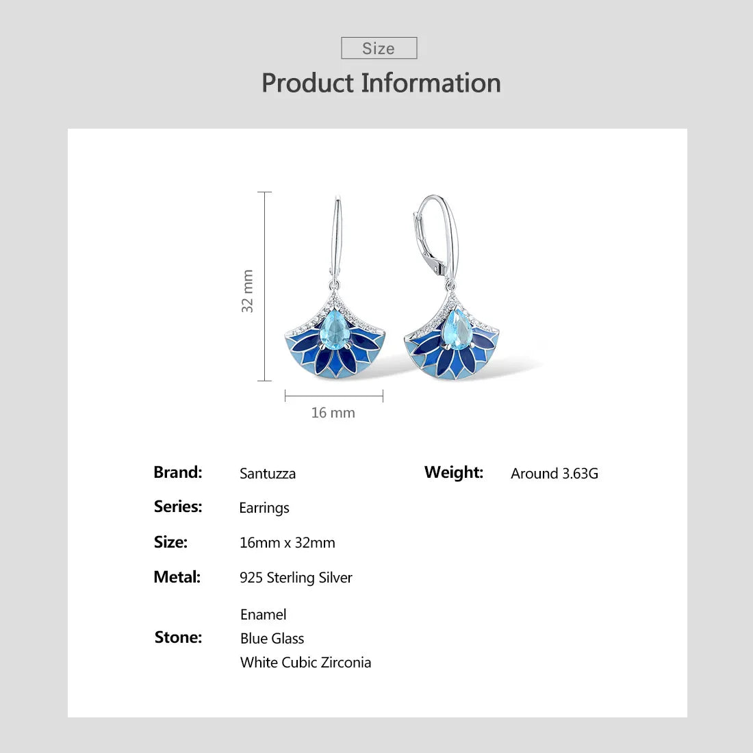 SANTUZZA Authentic 925 Sterling Silver Drop Earrings For Women Sparkling White CZ Blue Stone Fan Shape Chic Party Fine Jewelry