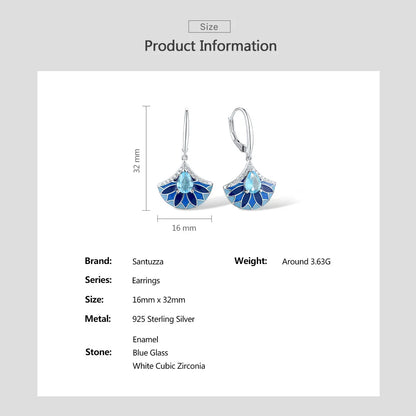 SANTUZZA Authentic 925 Sterling Silver Drop Earrings For Women Sparkling White CZ Blue Stone Fan Shape Chic Party Fine Jewelry