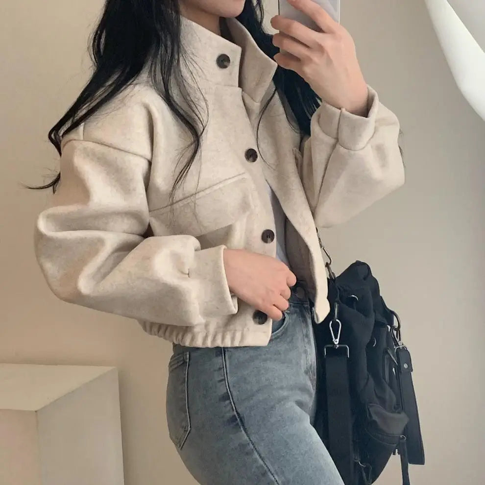 Autumn and Winter Loose Wool Coat for Women's Pocket Stand Collar Top Long Sleeve Button Hong Kong Style Wool Coat