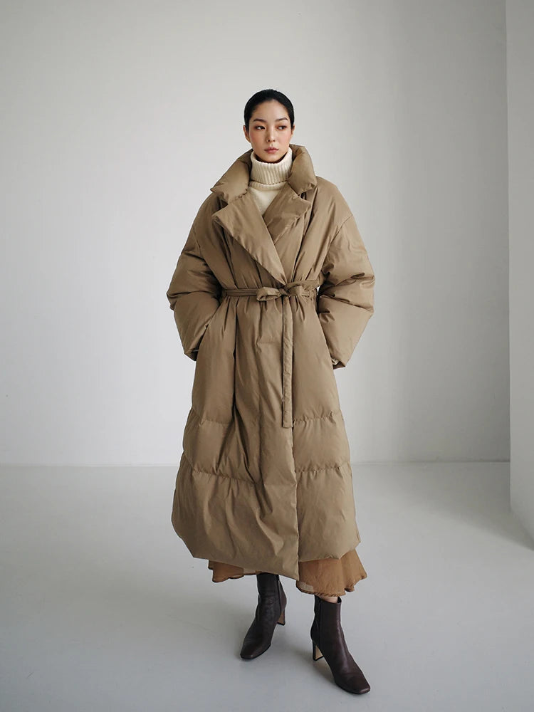 Winter New Stand Collar Long Down Jackets Loose Belt Long Sleeve Warm Coat Fashion Solid Cotton Padded Warm Down Overcoat Women