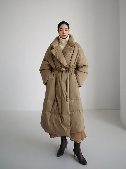 Winter New Stand Collar Long Down Jackets Loose Belt Long Sleeve Warm Coat Fashion Solid Cotton Padded Warm Down Overcoat Women
