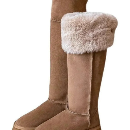Turned-over Edge Knee-high Snow Boots Flat with Slip-on Ladies Shoes 2024 High Quality Round Toe Mid Heel Concise Women's Boots
