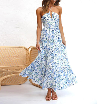 Summer Holiday Maxi Dress Women Spaghetti Strap V Neck Chic Sleeveless Floor Length Flowing Dresses Vacation Beach Long Dress